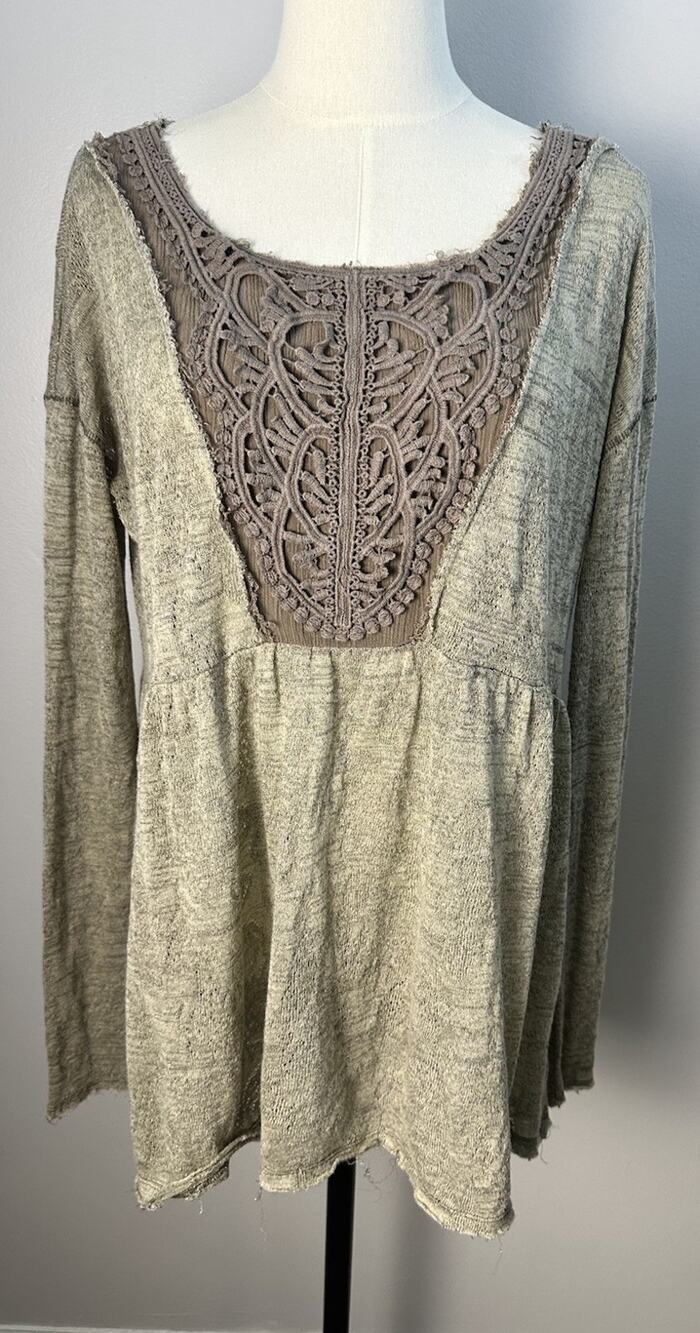 Free People Lace Inset Babydoll Tunic Top Boho Fairycore Grunge Slouchy M